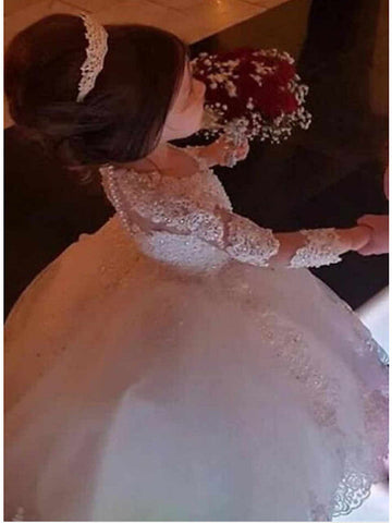 Langes Ballkleid aus Spitze mit Rundhalsausschnitt, Hochzeits-Blumenmädchenkleid mit Ärmeln