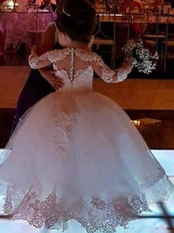Langes Ballkleid aus Spitze mit Rundhalsausschnitt, Hochzeits-Blumenmädchenkleid mit Ärmeln