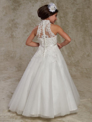 Langes Ballkleid aus Spitze, ärmellos, hoher Halsausschnitt, für Blumenmädchenkleider für Hochzeiten mit Perlenapplikationen