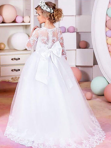 Langes Ballkleid aus Spitze und Tüll, halbe Ärmel, Rundhalsausschnitt, für Hochzeit, Blumenmädchenkleider