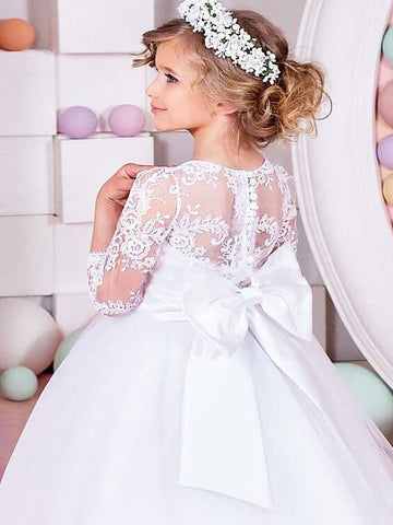 Langes Ballkleid aus Spitze und Tüll, halbe Ärmel, Rundhalsausschnitt, für Hochzeit, Blumenmädchenkleider