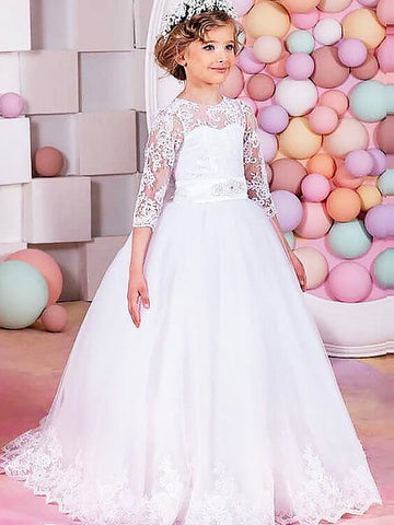 Langes Ballkleid aus Spitze und Tüll, halbe Ärmel, Rundhalsausschnitt, für Hochzeit, Blumenmädchenkleider