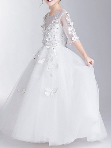 Langes Ballkleid aus Polyester mit Rundhalsausschnitt und Ärmeln für die Erstkommunion