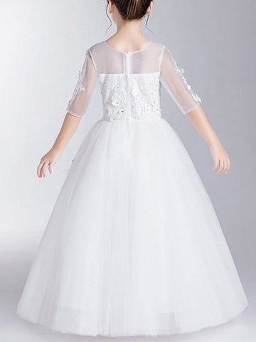 Langes Ballkleid aus Polyester mit Rundhalsausschnitt und Ärmeln für die Erstkommunion