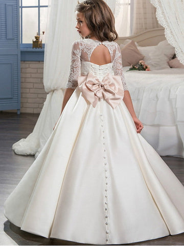 Langes Ballkleid aus Satin für Veranstaltungen, Partys, formelle Abende, Blumenmädchenkleider mit Ärmeln