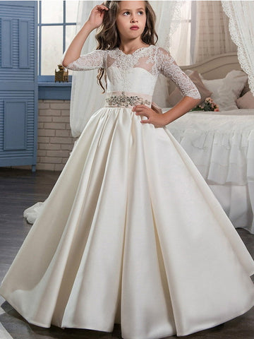 Langes Ballkleid aus Satin für Veranstaltungen, Partys, formelle Abende, Blumenmädchenkleider mit Ärmeln