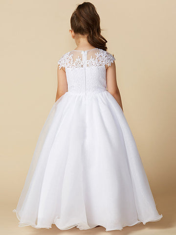 Langes Ballkleid aus Tüll mit Rundhalsausschnitt, für Hochzeit, Erstkommunion, Blumenmädchenkleider mit Ärmeln