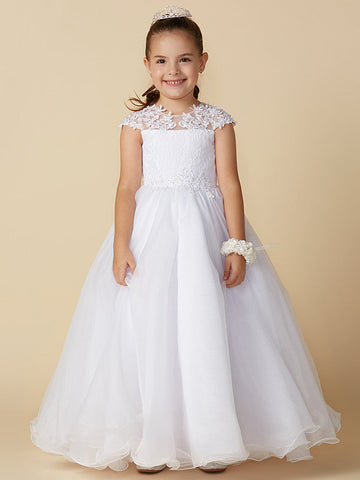 Langes Ballkleid aus Tüll mit Rundhalsausschnitt, für Hochzeit, Erstkommunion, Blumenmädchenkleider mit Ärmeln