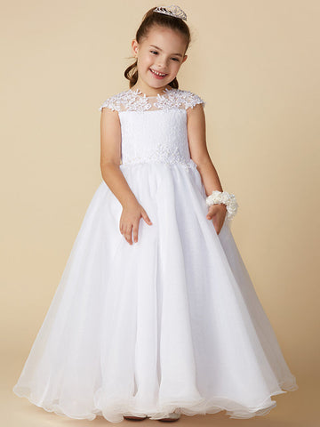 Langes Ballkleid aus Tüll mit Rundhalsausschnitt, für Hochzeit, Erstkommunion, Blumenmädchenkleider mit Ärmeln