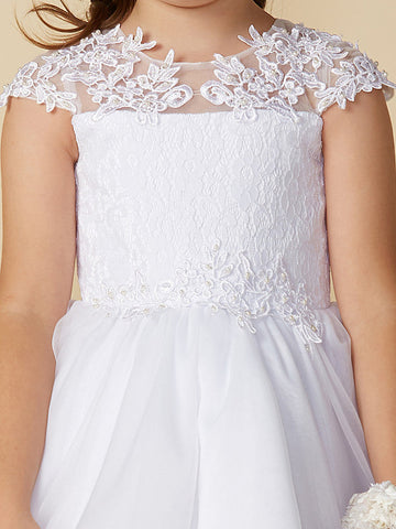 Langes Ballkleid aus Tüll mit Rundhalsausschnitt, für Hochzeit, Erstkommunion, Blumenmädchenkleider mit Ärmeln