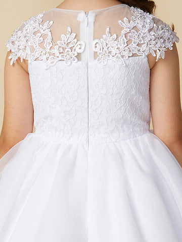 Langes Ballkleid aus Tüll mit Rundhalsausschnitt, für Hochzeit, Erstkommunion, Blumenmädchenkleider mit Ärmeln