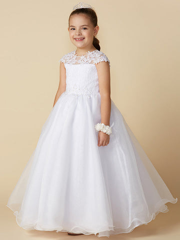 Langes Ballkleid aus Tüll mit Rundhalsausschnitt, für Hochzeit, Erstkommunion, Blumenmädchenkleider mit Ärmeln