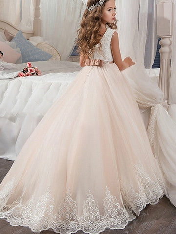 Langes Ballkleid aus Tüll, ärmellos, Rundhalsausschnitt, für Hochzeit, Party, Blumenmädchenkleider