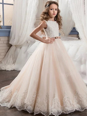 Langes Ballkleid aus Tüll, ärmellos, Rundhalsausschnitt, für Hochzeit, Party, Blumenmädchenkleider