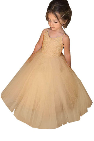 Langes Ballkleid aus Tüll mit quadratischem Ausschnitt und ärmellosem Blumenmädchenkleid