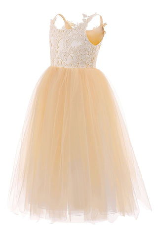 Langes Ballkleid aus Tüll mit quadratischem Ausschnitt und ärmellosem Blumenmädchenkleid