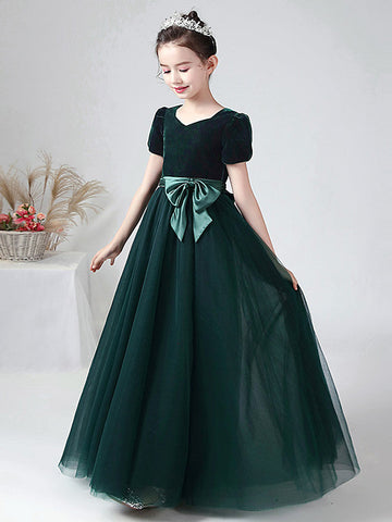 Long Ball Gown Velvet Bateau Neck Wedding Party Flower Girl Dresses with Sleeves