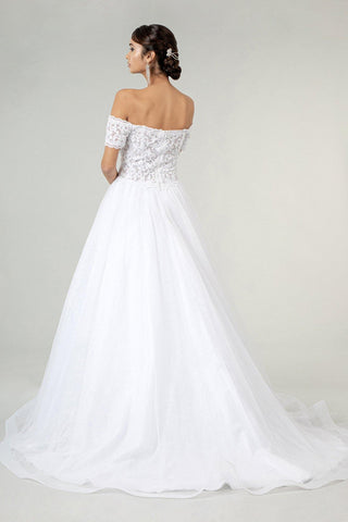Long Off Shoulder Glitter Mesh Wedding Gown