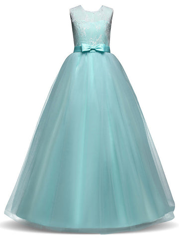 Long Princess Lace Tulle Jewel Neck Party Birthday Pageant Flower Girl Dresses