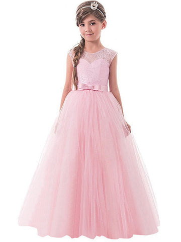 Long Princess Lace Tulle Jewel Neck Party Birthday Pageant Flower Girl Dresses
