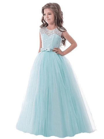 Long Princess Lace Tulle Jewel Neck Party Birthday Pageant Flower Girl Dresses