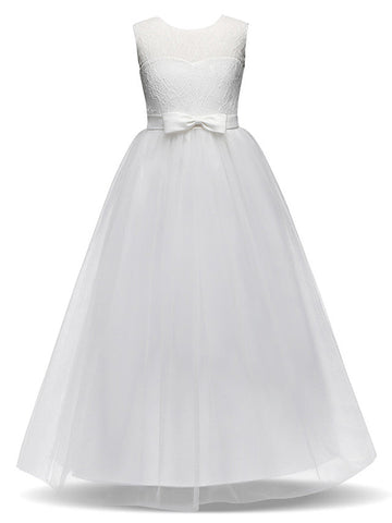 Long Princess Lace Tulle Jewel Neck Party Birthday Pageant Flower Girl Dresses