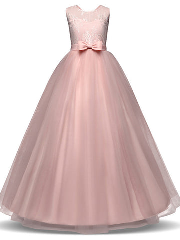 Long Princess Lace Tulle Jewel Neck Party Birthday Pageant Flower Girl Dresses