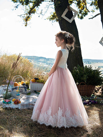 Lange Prinzessin Tüll Baumwolle Schmuckhals Party Geburtstag Festzug Blumenmädchenkleider