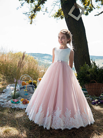 Lange Prinzessin Tüll Baumwolle Schmuckhals Party Geburtstag Festzug Blumenmädchenkleider