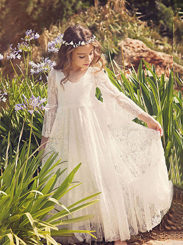 Long Sheath V Neck Maxi Wedding Birthday Holiday Flower Girl Dresses with Sleeves