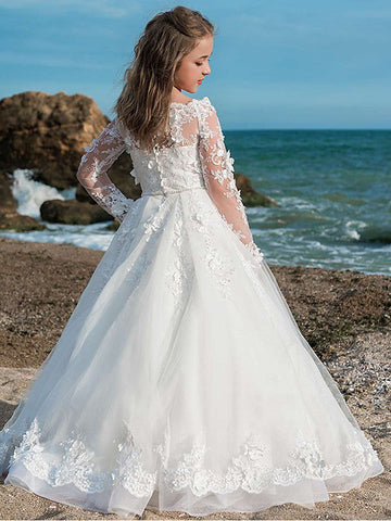 Langarm Ballkleid Juwel Hals Spitze Tüll Hochzeit Party Blumenmädchen Kleider