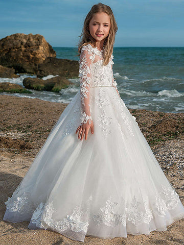 Langarm Ballkleid Juwel Hals Spitze Tüll Hochzeit Party Blumenmädchen Kleider