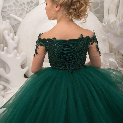 Long Sleeve Ball Gown Tulle Lace Sweep Brush Train Wedding Party Flower Girl Dresses