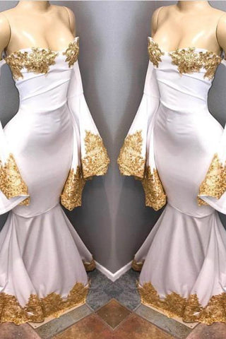 Abendkleider mit langen Ärmeln und goldenen Applikationen, Abendkleider im Meerjungfrauen-Stil