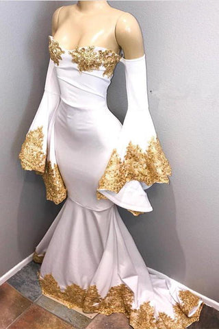 Abendkleider mit langen Ärmeln und goldenen Applikationen, Abendkleider im Meerjungfrauen-Stil