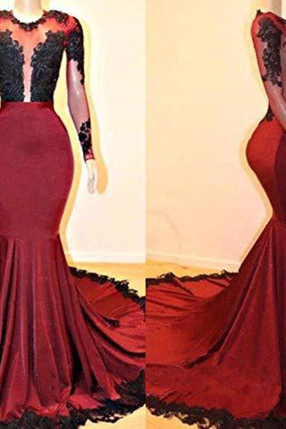 Lange Ärmel Rundkragen Meerjungfrau Ballkleid Rot Pailletten Lange Chiffon