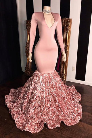 Langärmliges Meerjungfrau-Ballkleid mit V-Ausschnitt, Rosa, lang, Chiffon
