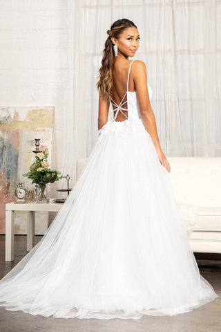 Long Spaghetti Strap 3D Floral Applique Wedding Gown