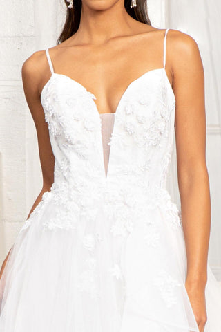 Long Spaghetti Strap 3D Floral Applique Wedding Gown