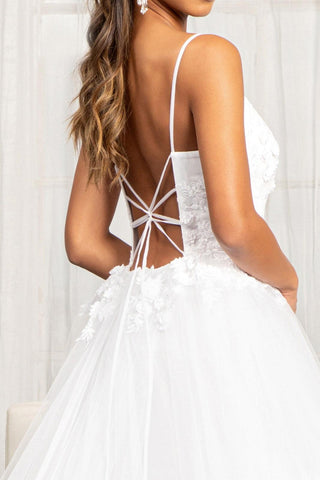 Long Spaghetti Strap 3D Floral Applique Wedding Gown
