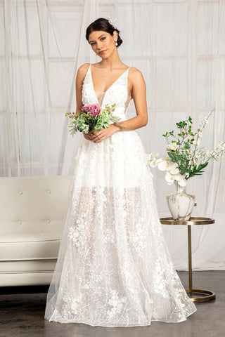 Long Spaghetti Strap Floral Applique Wedding Dress Sale