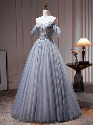 | Gray Tulle Off Shoulder Beaded Party Dress, A-Line Tulle Formal Dress Prom Dress