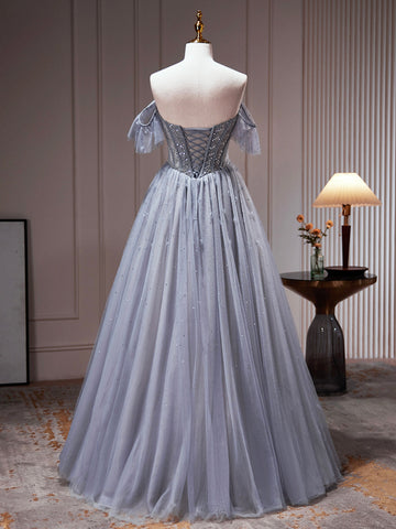 | Gray Tulle Off Shoulder Beaded Party Dress, A-Line Tulle Formal Dress Prom Dress