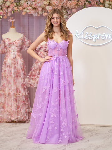 Lilac A-line Butterfly Lace Lilac Corset Prom Dress with Slit