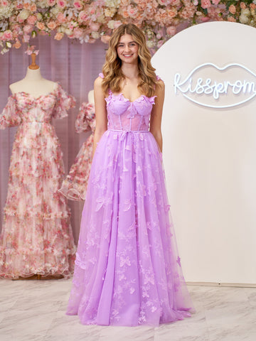 Lilac A-line Butterfly Lace Lilac Corset Prom Dress with Slit