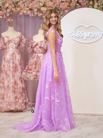 Lilac A-line Butterfly Lace Lilac Corset Prom Dress with Slit