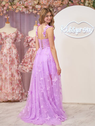 Lilac A-line Butterfly Lace Lilac Corset Prom Dress with Slit