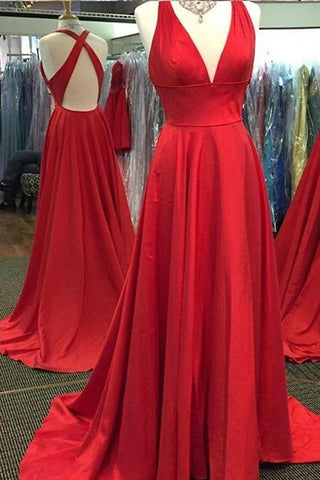 Simple Red A-line V Neckline Side Slit Long Prom Dress with Sweep Train