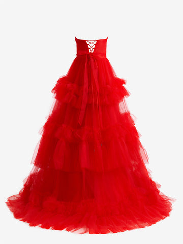 A-Line Strapless Ruffled Tulle Prom Dress