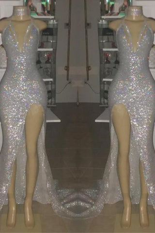 Meerjungfrau-Ballkleid mit Schlitz vorne, tiefem V-Ausschnitt, Neckholder und Pailletten